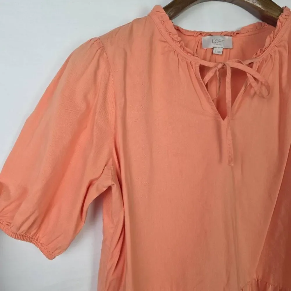 LOFT Outlet Peach Peplum Blouse Tie Neck Puff Sleeve S